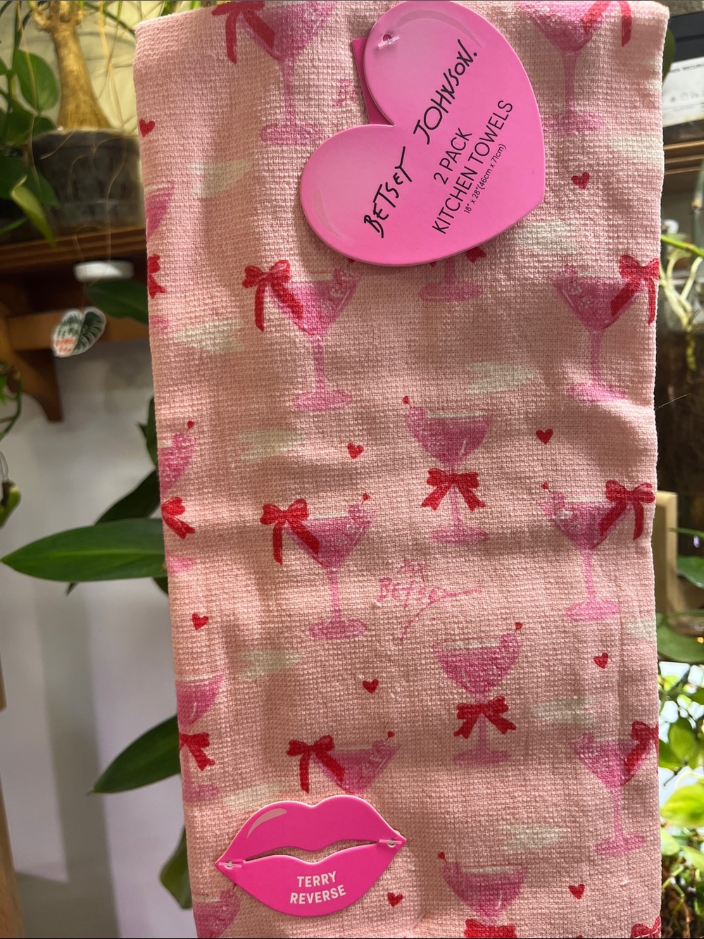 Betsey Johnson Pink & Red Cocktail Print Kitchen Towels - 2pk Heart Accent